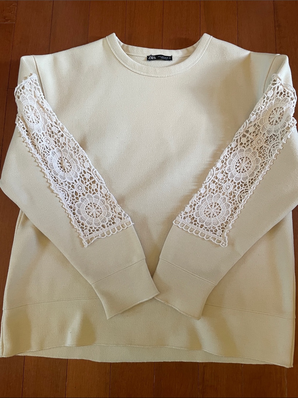Zara Cream Crewneck Sweater with Lace Sleeve Insets